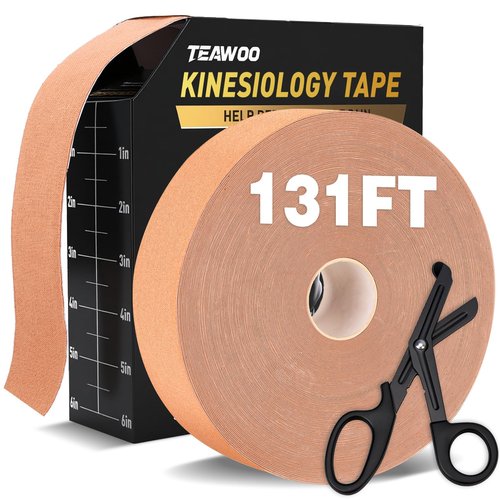 (2in X 131ft) TEAWO Kinesiology Tape Bulk Roll, Waterproof Hypoallergenic Latex-Free Sports Tape, Muscle & Joint Support for Athletes, Free Cut with Bonus Specialized Scissors (Beige)
