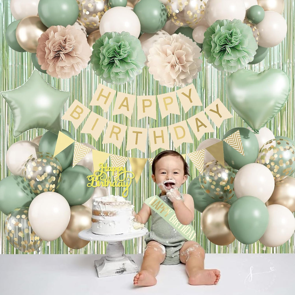 Sage Green Birthday Decorations - Elegant Foil & Latex Balloons, Happy Birthday Banner & Cake Topper | Perfect for Women & Girls
