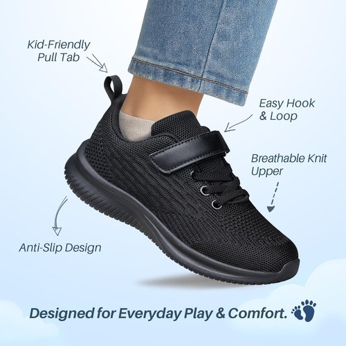 Boys Girls Sneakers Non-Slip Lightweight Running Shoes for Kids Breathable Tennis Shoes All Black Little Kid Size 2