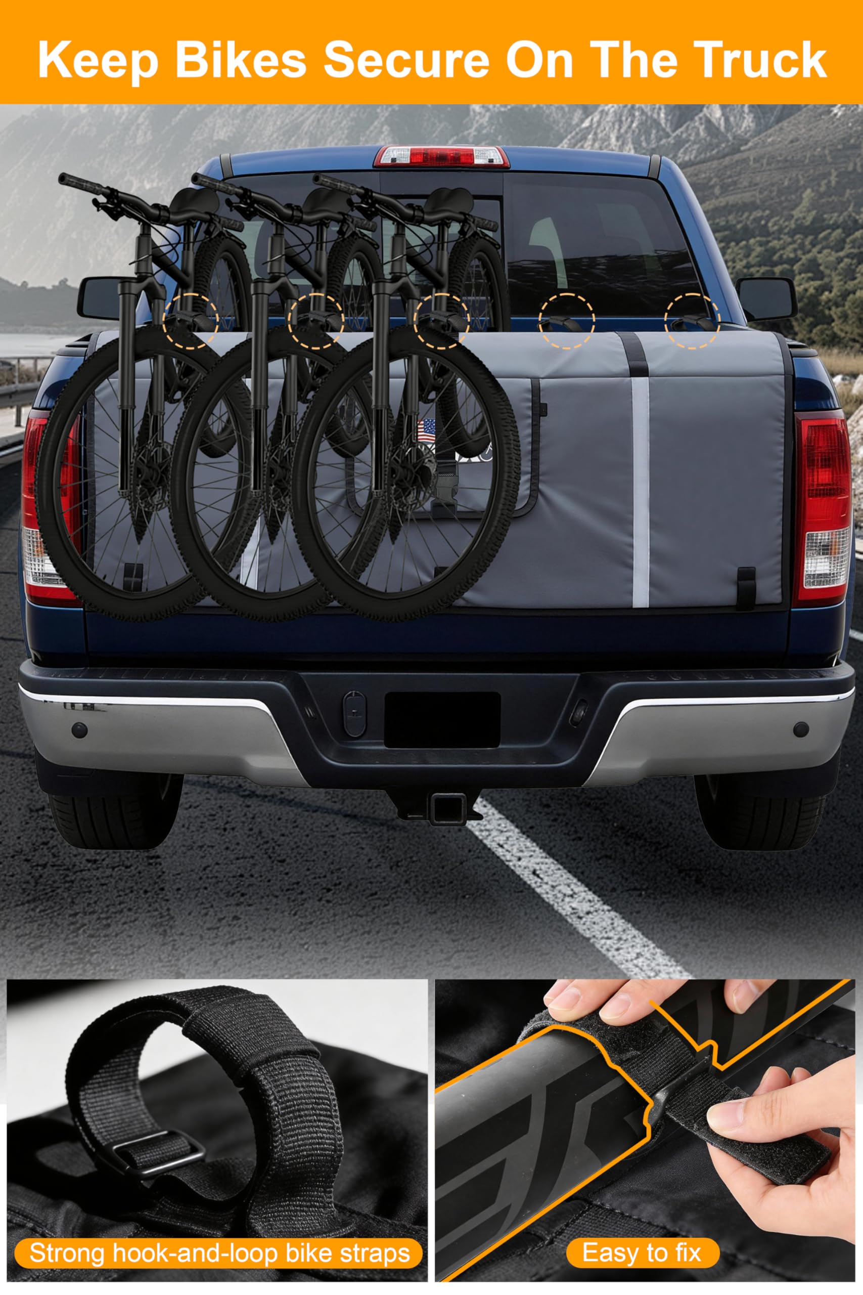 Tanfix Tailgate Pad for Mountain Bikes, 51" Tailgate Protection Pad for Compact & Mid-Size Trucks, Holds Up to 5 Bikes, with Tool Pockets, Backup Camera Access Flap