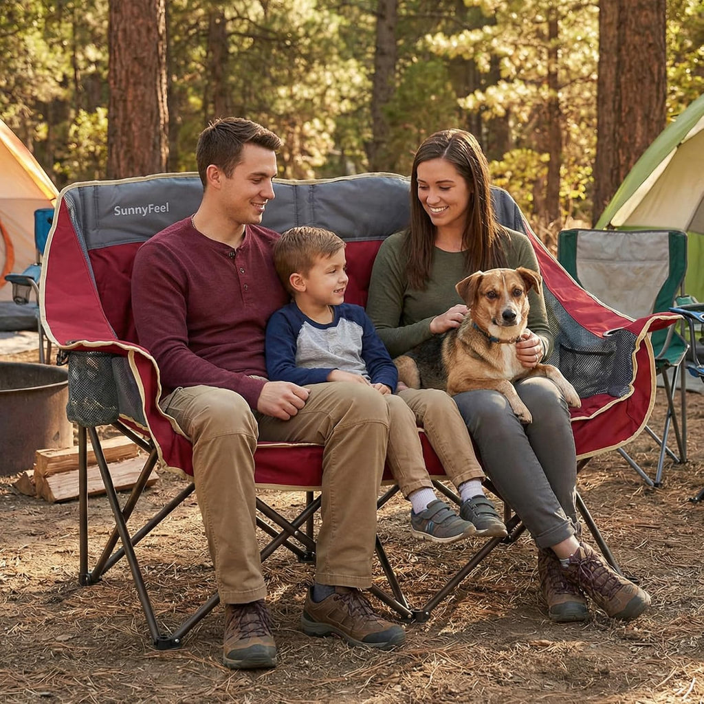 SUNNYFEEL Double Camping Chairs - Heavy Duty Padded Loveseat for 2 | 600lbs Capacity, Portable Red Outdoor Couch