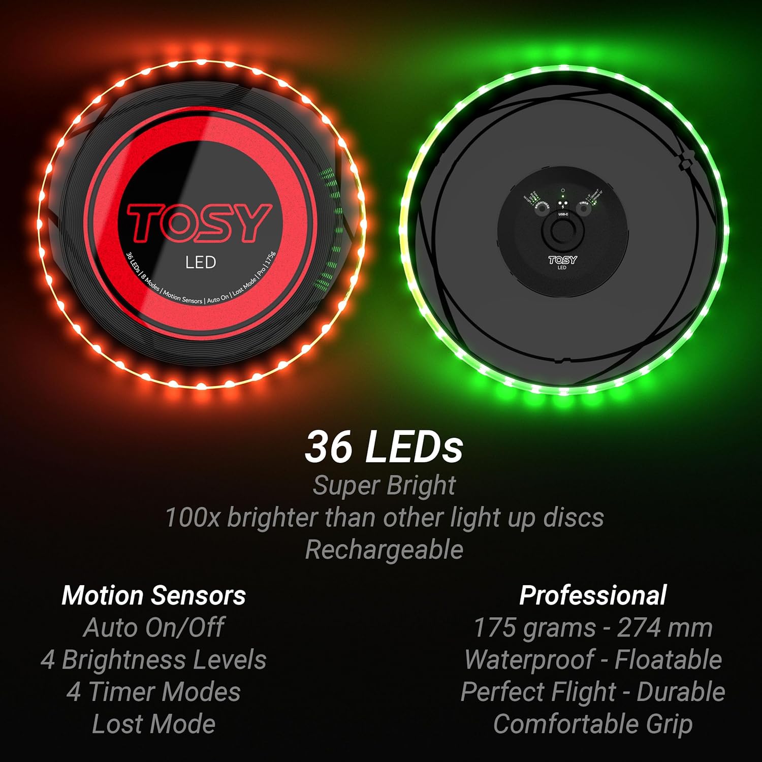 TOSY Flying Disc - Super Bright 36 LED Lights | Rechargeable & Waterproof Camping Toy for All Ages