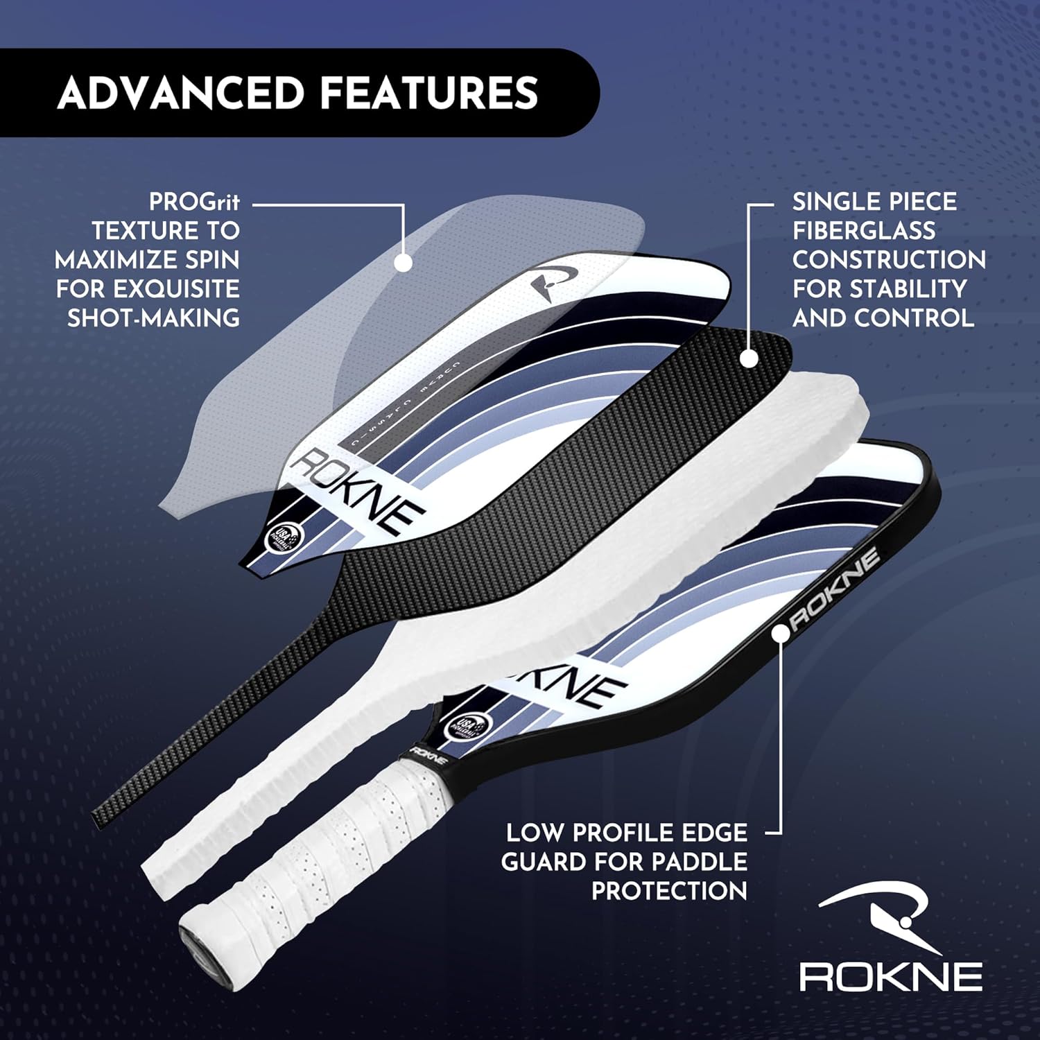 ROKNE Curve Classic Pickleball Paddle - USAPA Approved Fiberglass Design | Precision Engineering & Comfort | ProGrit Texture for Maximum Spin & Power