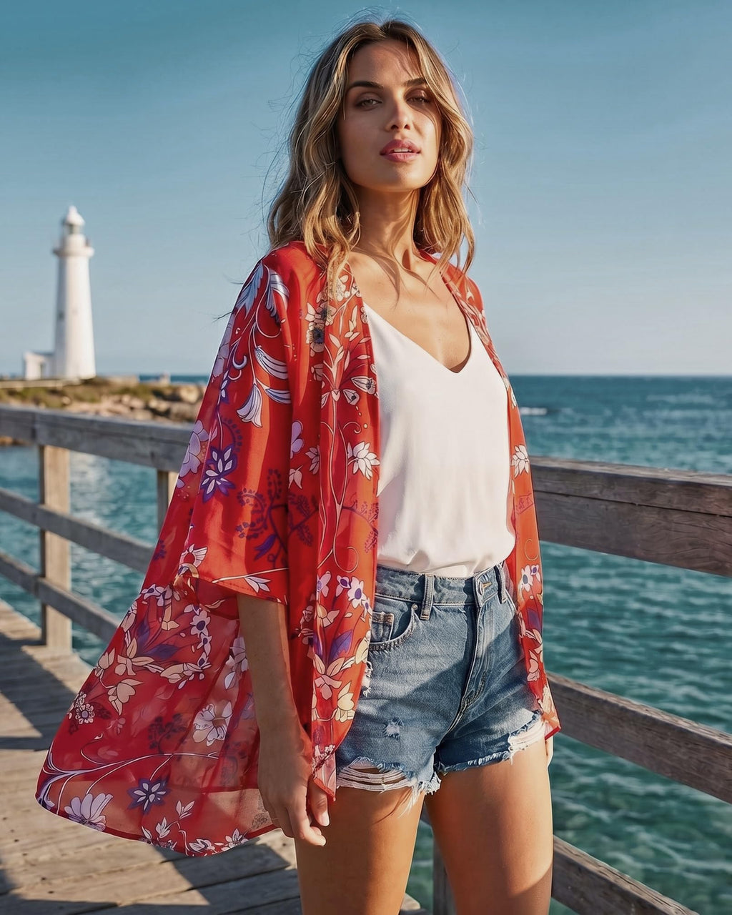 Summer Kimono Cardigan for Women Sheer Boho Tops Casual Open Front Swimwear Shirts Beach Cover ups (Boho Red,S)