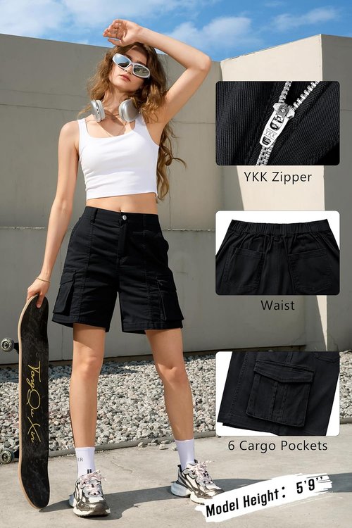 IVIR Bermuda Shorts for Women - Knee-Length Cargo Shorts with 6 Pockets & Elastic Waist | Summer Casual Wear