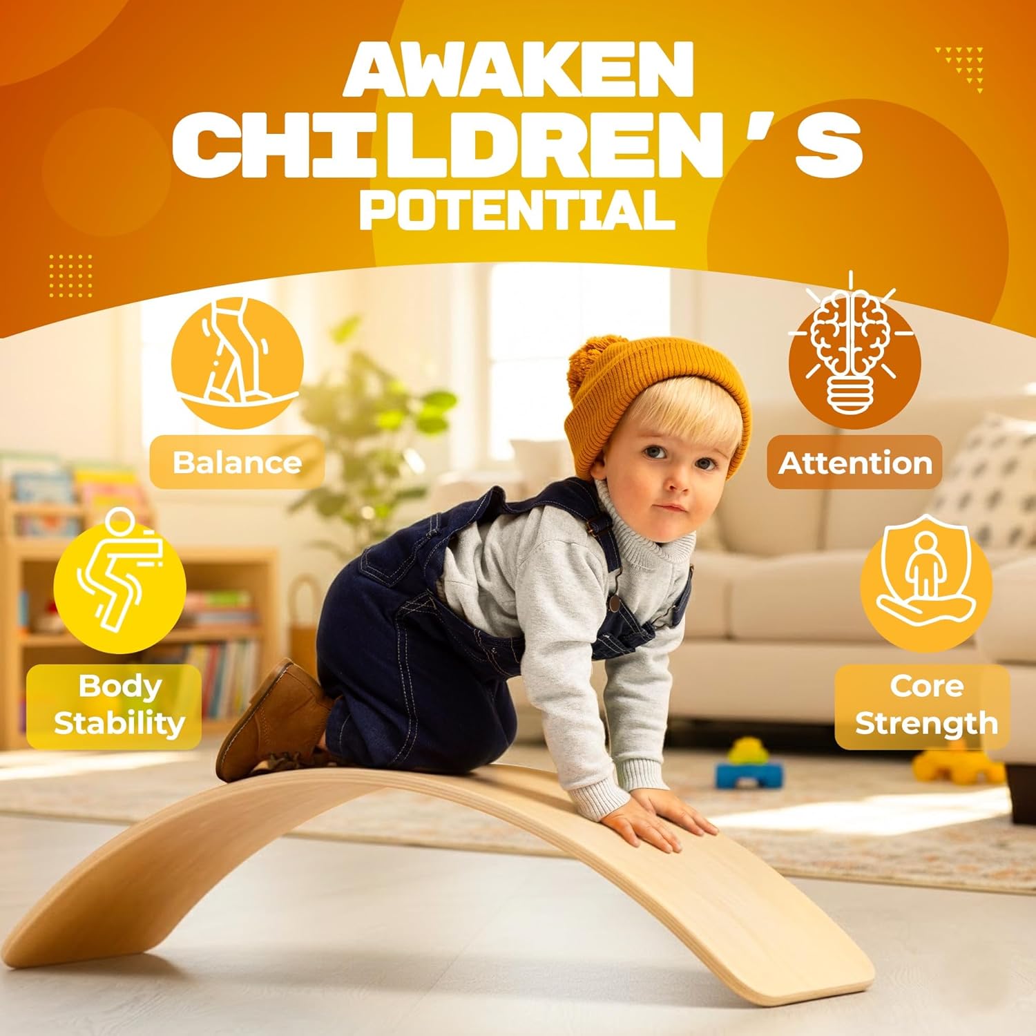 Skiennix Wooden Wobble Board - Kids' Balance Trainer for Indoor Play | Curvy Rocker Board for Yoga & Exercise