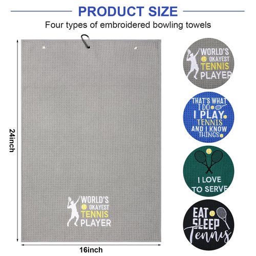 VitalCozy 4 Pieces Tennis Towel Funny Embroidered Tennis Towel with 4 Clip Sports Court Accessory Gifts for Men Women(Classic Style)