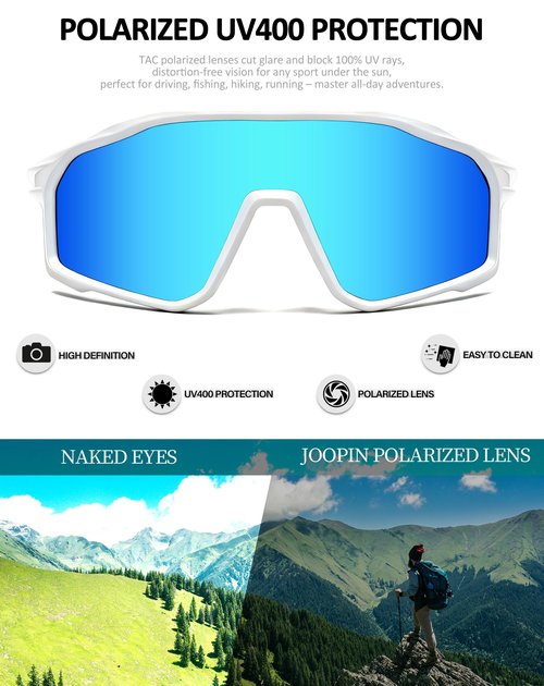 Joopin Sports Sunglasses Men Women Polarized Wrap Around Sun Glasses UV400 Protection Shades Sunnies (White Blue)
