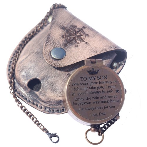 Brass Engrved Compass for Men, Pocket Compass with Leather Case, Antique Handmade Religious Gift Idea for Graduation, Communion, Baptism (to My Son, Love Dad)