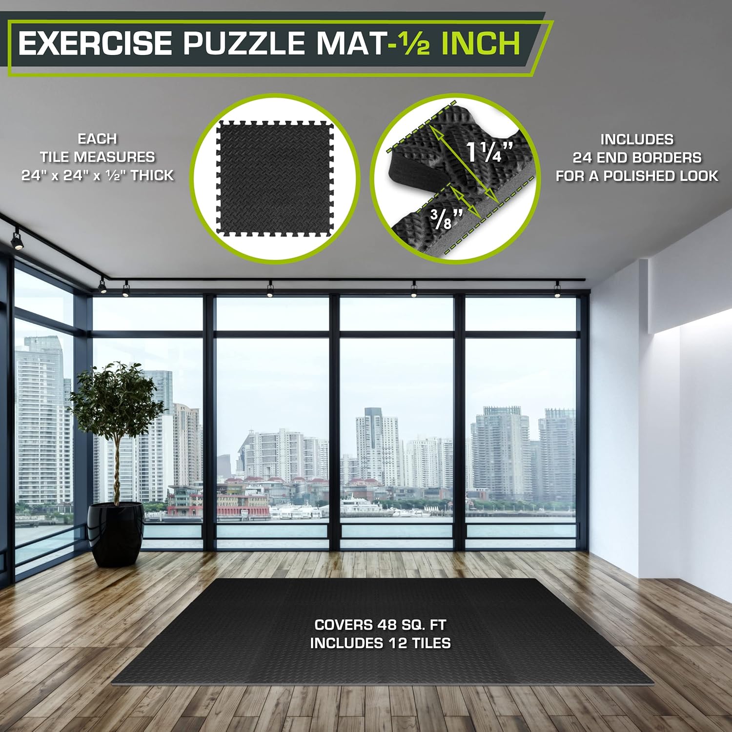 ProsourceFit Puzzle Exercise Mat - Water-Resistant EVA Foam Tiles for Home Gym | Black, 24"x24", 48 Sq Ft (12 Tiles)