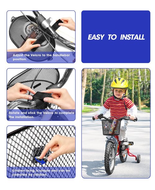 ANZOME Kids Bike Basket, Bicycle Basket for Boy and Girl, Waterproof Metal Wire Children's Bicycle Basket, Suitable for Most Children's Bicycles and Kids Tricycles (Black+Accessories 2)