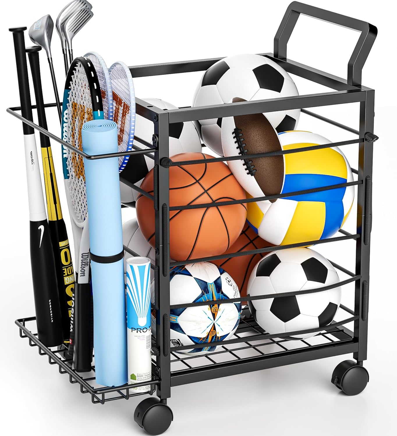 Skiennix Sports Equipment Garage Organizer - Upgraded Ball Storage Rack with Wheels | Black