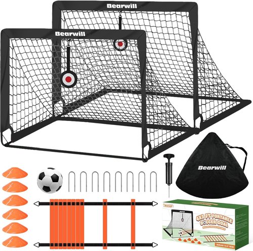 Bearwill Soccer Goal - Portable Kids Soccer Goals Set of 2 | 4x3ft Training Equipment with Ball, Ladder, Cones, Targets
