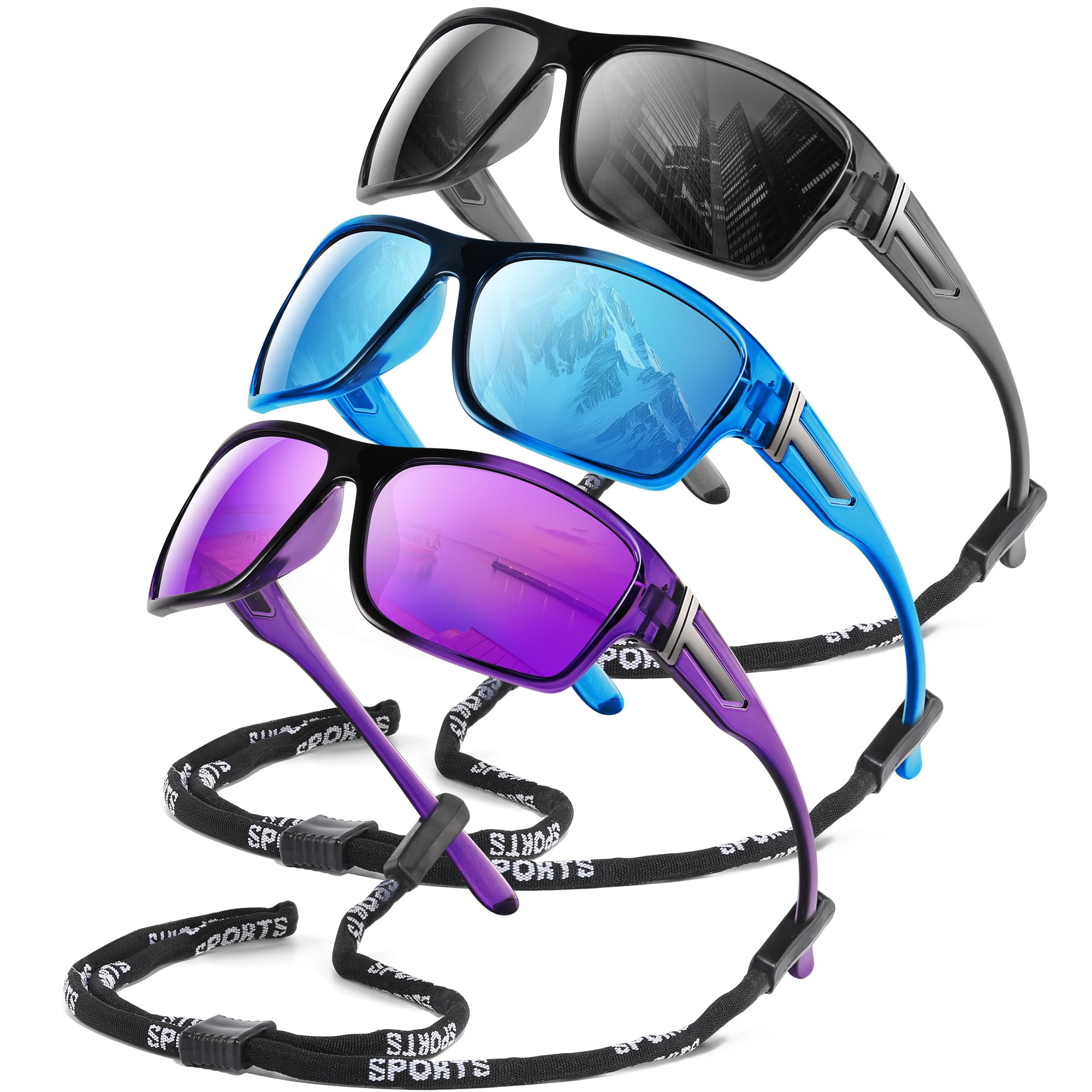 DEMIKOS 3 Pack Polarized Running Sunglasses Men:Wrap Around Sports Sun Glasses for Womens Sunglasses for Fishing