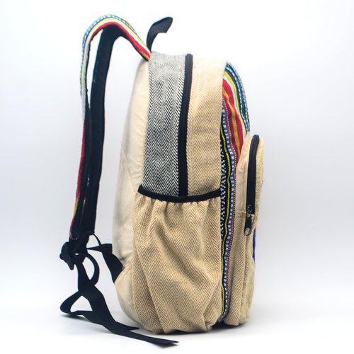 Anitya Hemp Backpack, 16x11 inches, Striped Pattern with Decorative Patches, Multiple Compartments, Unisex (GHB-003)
