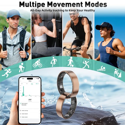 Free Shark Smart Ring with Sleep Monitoring, Step Counting, Heart Rate, Blood Oxygen for iOS and Android, No Subscription Fee, IP68 Waterproof Health Tracker (Rose Gold, 8)