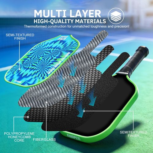 GUADPEXI USAPA Approved Pickleball Paddles Set of 2 - Premium Fiberglass Surface & Honeycomb Core for Power & Control - Lightweight Pickleball Set Includes 4 Balls, Carry Bag & Gift Box (Green)
