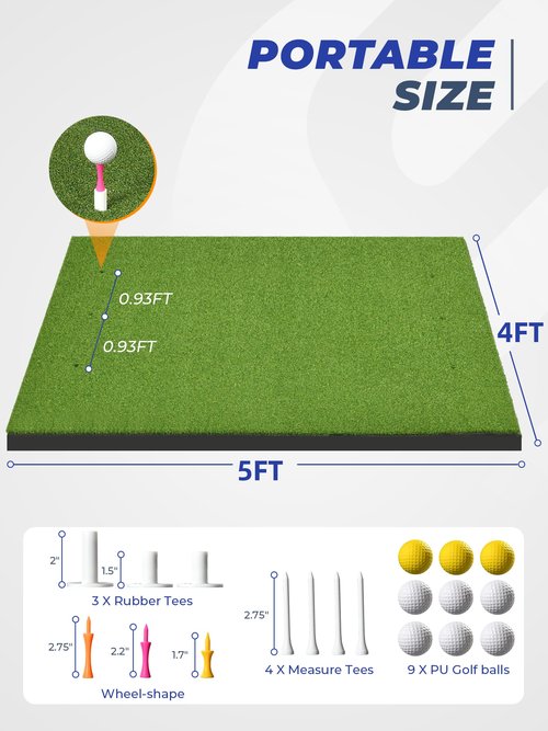 Sturdum Golf Hitting Mat, 5×4ft Golf Driving Mat for Indoor Outdoor, Top-Notch Artificial Turf Practice Mats with 9 PU Golf Balls+3 Rubber Tees+7 Tees, PRO-31MM Anti-Slip Bottom Mat