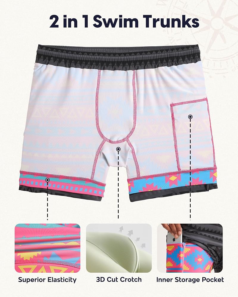 Maamgic 5" Men's Swim Trunks with Compression Liner - Quick Dry Geometric Black, Medium