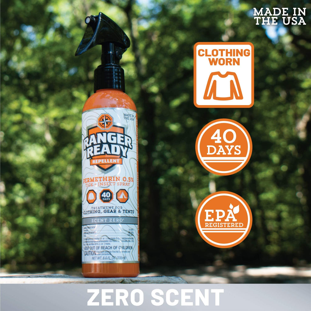Ranger Ready Permethrin Spray for Clothes and Outdoor Gear - Permethrin Insect & Tick Repellent - Scent Zero (8oz, Pack of 3)