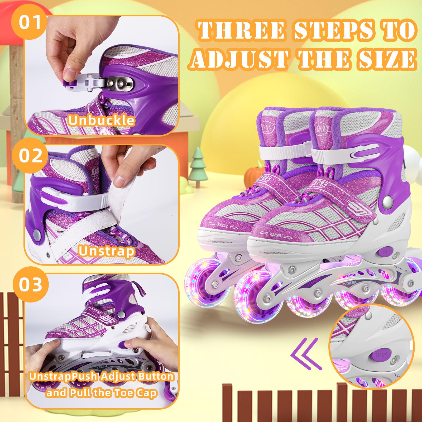 Uleetot Inline Skates for Boys, Girls,.Adjustable Light up Roller Skates Purple Holographic High Top Faux Leather Rollerskates for Beginner Indoor Outdoor (Medium-Big Kids(2-5 US))