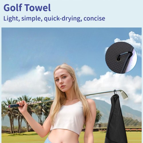TinyCharms Magnetic Golf Towel, 16"x16" Black Microfiber, Strong Magnet & 3 Grommet Design, Carabiner Hook, Super Absorbent & Easy Clean, Golf Bag Accessory (Black, (16"*16") x2)