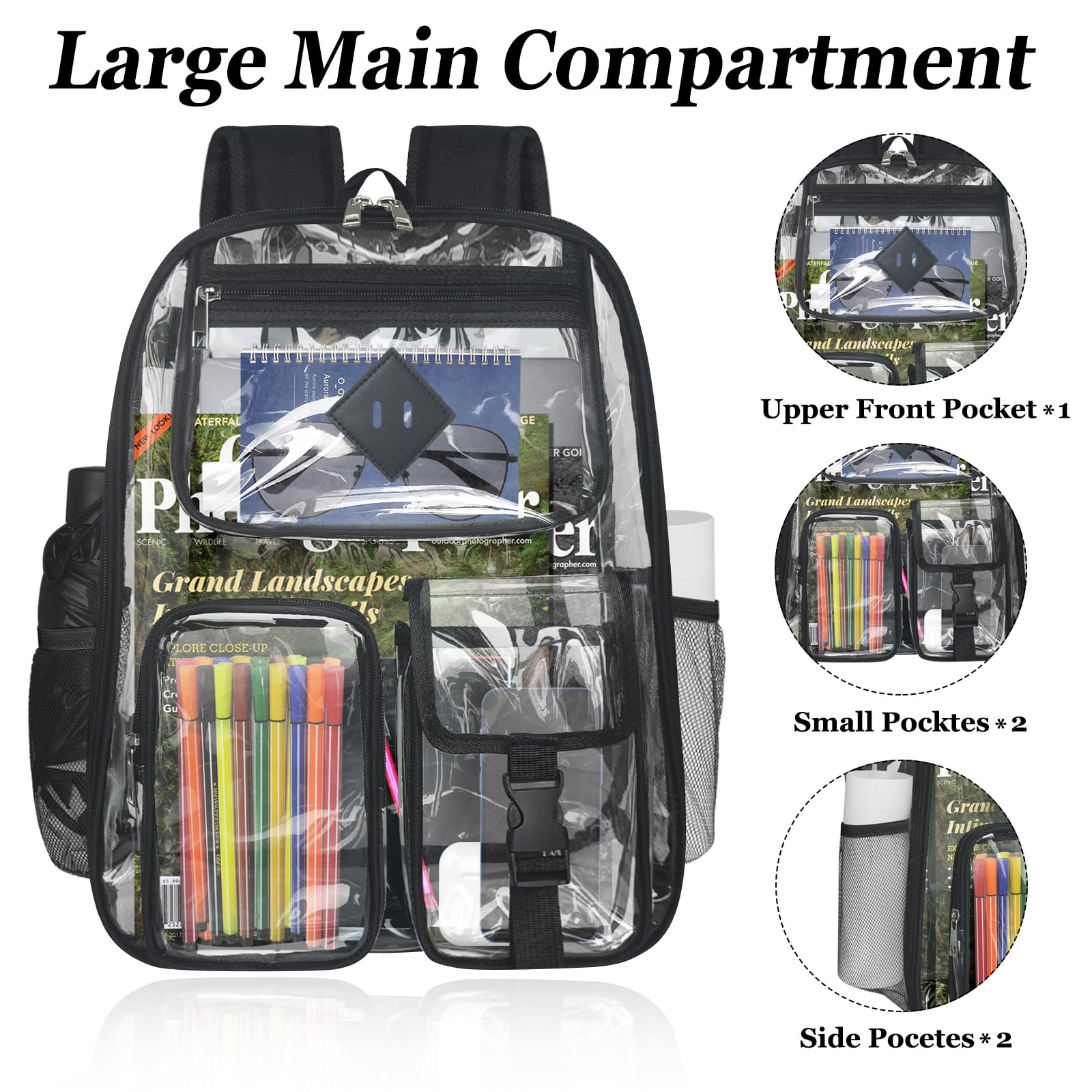 Clear Backpack Heavy Duty Large PVC Transparent See Through Backpacks Work Travel Stadium Approved Festival Backpack (Black)