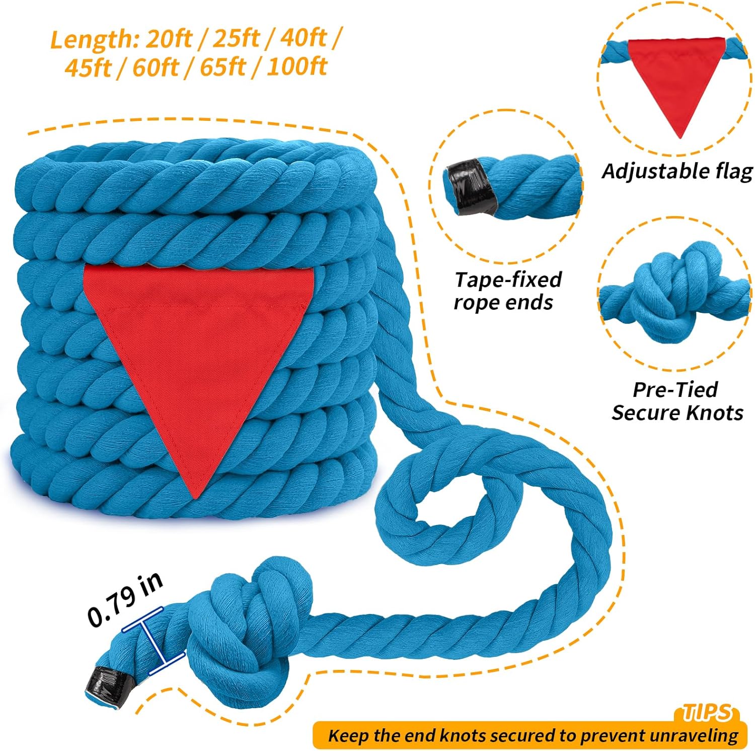 Skiennix Tug of War Rope - 25ft Soft Cotton Outdoor Pulling Rope for Team Building & Family Fun | Blue