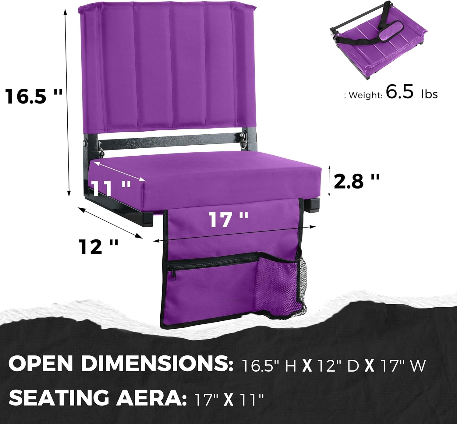 Sport Beats Stadium Seats - Comfortable Bleacher Chairs with Back Support & Cushion | Dark Purple, 1pc - 17" W x 12" D x 16.5" H