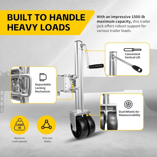 MaxxHaul Trailer Jack - 1500 lbs Capacity with 11-1/2" Lift, Swing-Back Design & Dual 6" Wheels | Bolt-On for Utility & Boat Trailers