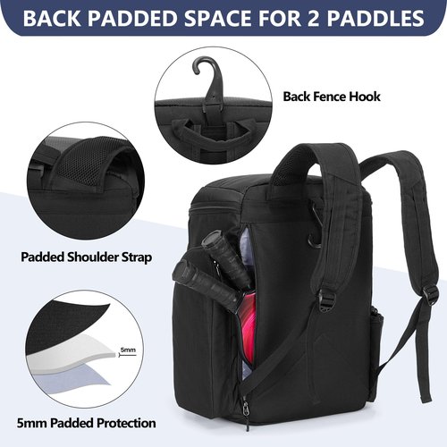 Goburos Pickleball Paddle Backpack for 4 Rackets with Fence Hook, Pickleball Equipment Bag with Shoe Compartment for Men Women, Black