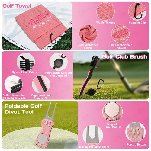 20 Pcs Pink Golf Accessories Kit Include Wine Tumbler Hat Clip Golf Tees Towel Makeup Bag Ball Bag with Hook Cleaner Brush Divot Tool with Magnetic Ball Marker Gifts Set for Women Ladies Golfer