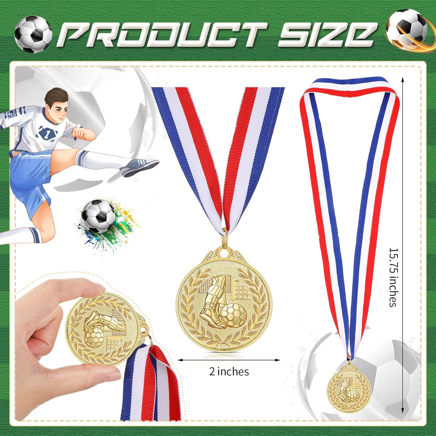 Yinkin 24-Piece Soccer Gold Award Medals Set - Metal Trophies with Red, White & Blue Ribbons for Team Competitions