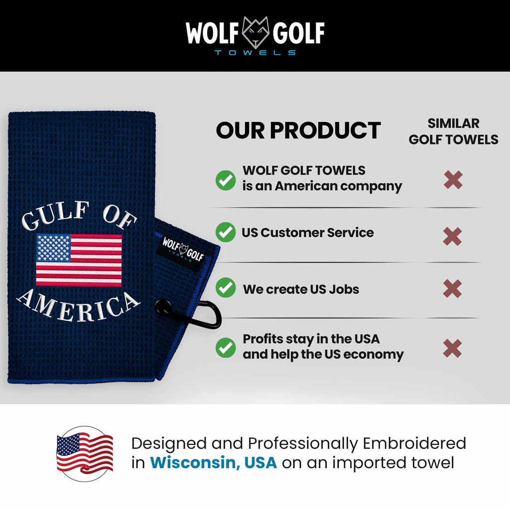 Wolf Golf Towels Gulf of America Golf Towel | Embroidered Microfiber Funny Golf Accessories | Navy Gulf of America Towel
