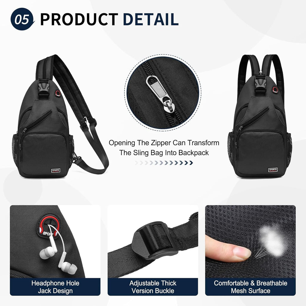 Skiennix Convertible Sling Bag - Lightweight Crossbody Backpack for 11" Tablet | Black for Casual Travel & Hiking