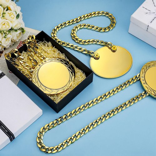 DoubleFill 8 Pcs Custom Turnover Chain Medal MVP Rigid Plastic 6" Personalize with Your Own Logo or Art Gold Champ Medal Trophy and Gold Chain Winner Gift for Goat Basketball Football Baseball