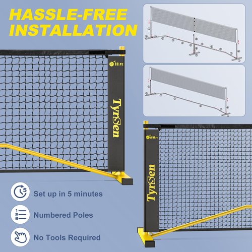 TYRSEN Pickleball Set with Net, 22 FT & Half Court 11 FT Pickleball Net, 4 Fiberglass Rackets, Portable Pickleball Set, Pickle Ball Net System with Carrying Bag for Court, Driveway, Backyards