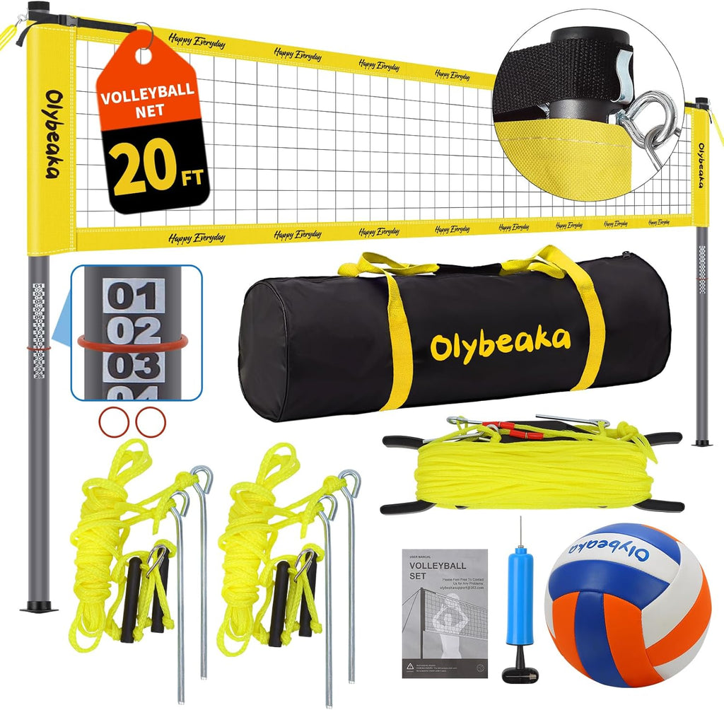 Skiennix 20ft Portable Outdoor Volleyball Net Set - Adjustable Heavy Duty Poles, Durable PE Net & Volleyball Included