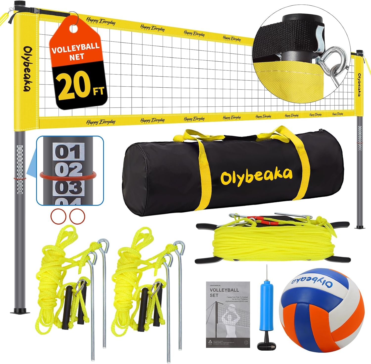 Skiennix 20ft Portable Outdoor Volleyball Net Set - Adjustable Heavy Duty Poles, Durable PE Net & Volleyball Included