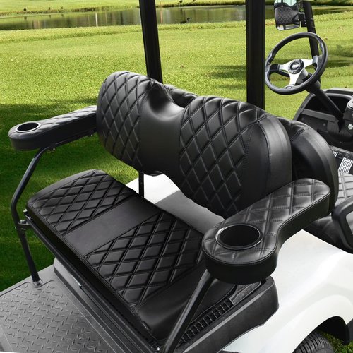 NOKINS Golf Cart Diamond Armrest with Cup Holder, No Drilling, for Round Bracket Armrest 1 1/4 Size, Fits Advanced EV Golf Cart Rear Seat Circular Frame Side Rod 1 1/4" (Black Stitching)