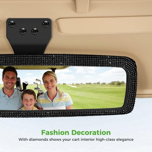 10L0L Bling Rhinestone Golf Cart Mirror for Yamaha, EZGO, Club Car, Universal 360° Adjustable Crystal Diamond Rear View Mirror with Wide Angle View, Shatterproof Glass Lens, Easy Installation
