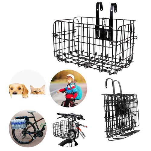 2 Pack Rear Bike Basket Folding Front Bike Basket Rust Proof Wire Mesh Bicycle Basket Mountain Bike Frame Basket Fold-Up Bike Cargo Rack