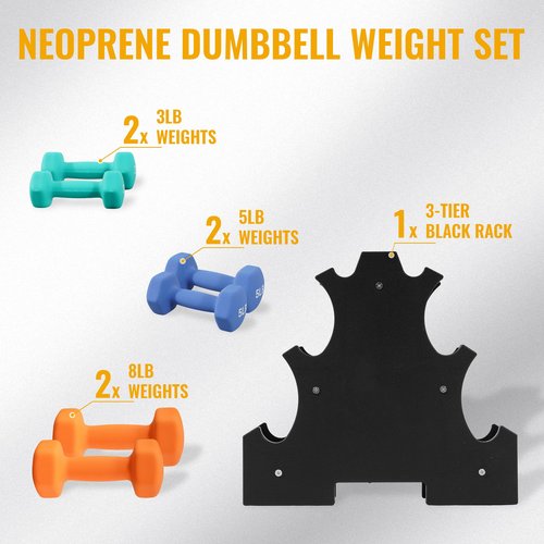Fitvids Colored Neoprene Dumbbell Set with Rack, 32LB Set: 3/5/8LB Pairs, Color Series