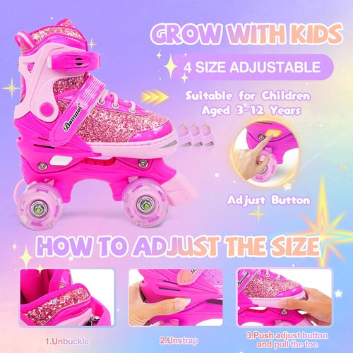 HolaDream Sequins Adjustable Kids Roller Skates with Light Up Wheels & Safety Protection for Beginners, Toddler Roller Skates Girls Ages 5-8, 8-12 for Indoor Outdoor Sports