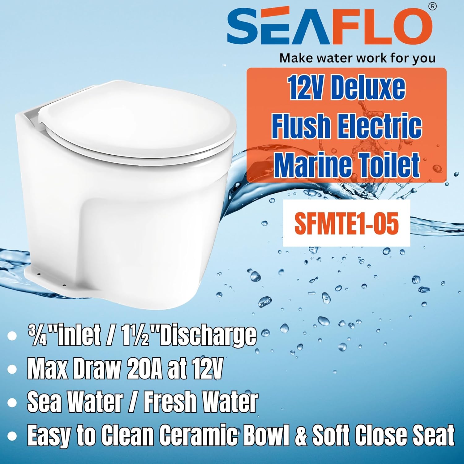 SEAFLO 12V Deluxe Electric Marine Toilet - Ceramic Bowl with Soft Close Seat & Built-In Macerator | Quiet Freshwater Flush, 4-Year Warranty