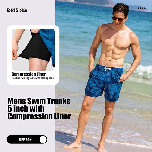 BRISIRA Men's Swim Trunks - Quick Dry 5-Inch Bathing Suits with Compression Liner & Pockets