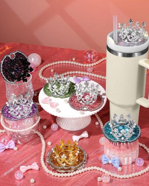 Toykee Lid Plate Topper for Stanley Cup 40 oz - Light Green Crown Cute Decoration Accessories for Tumbler, Woter Botter Glitter Bling Decor for Women Girls