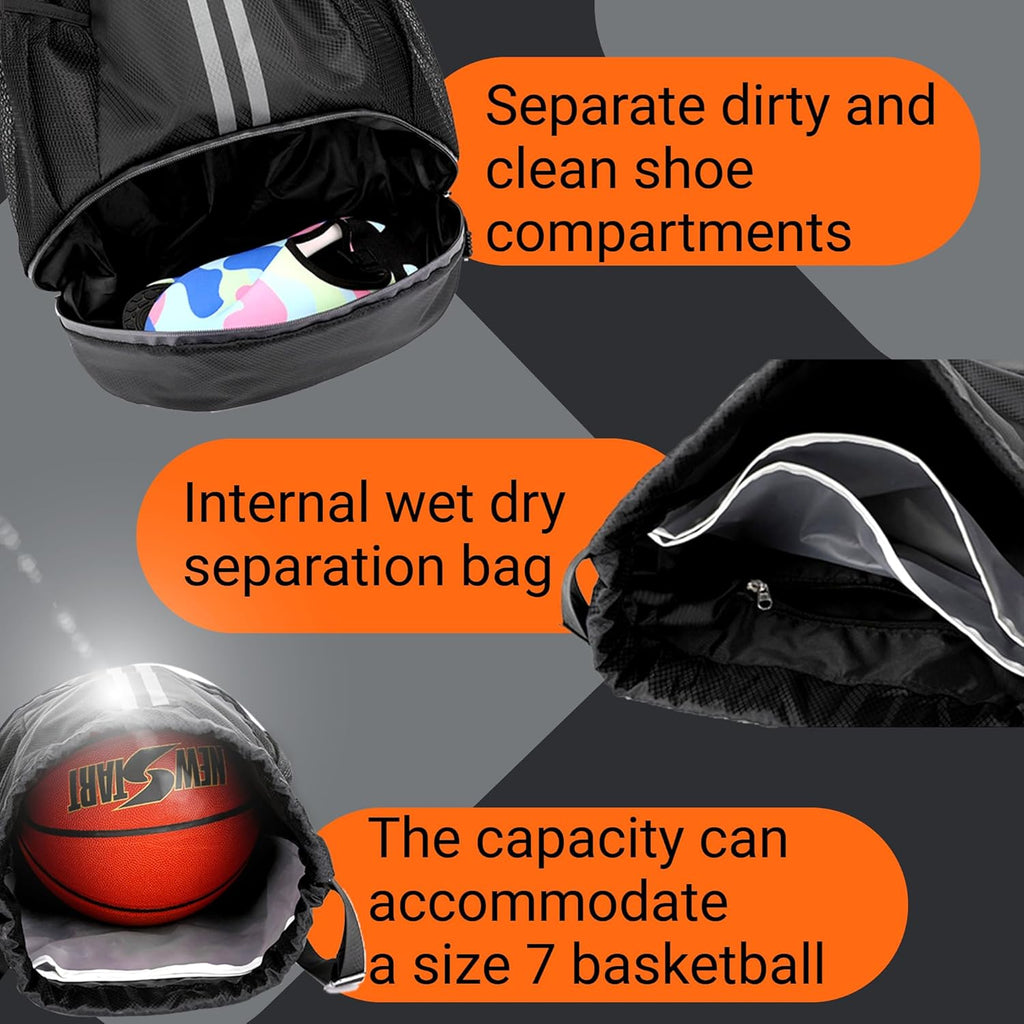 Skiennix Waterproof Drawstring Backpack - Unisex Gym Bag with Wet/Dry Separation | Black, One Size