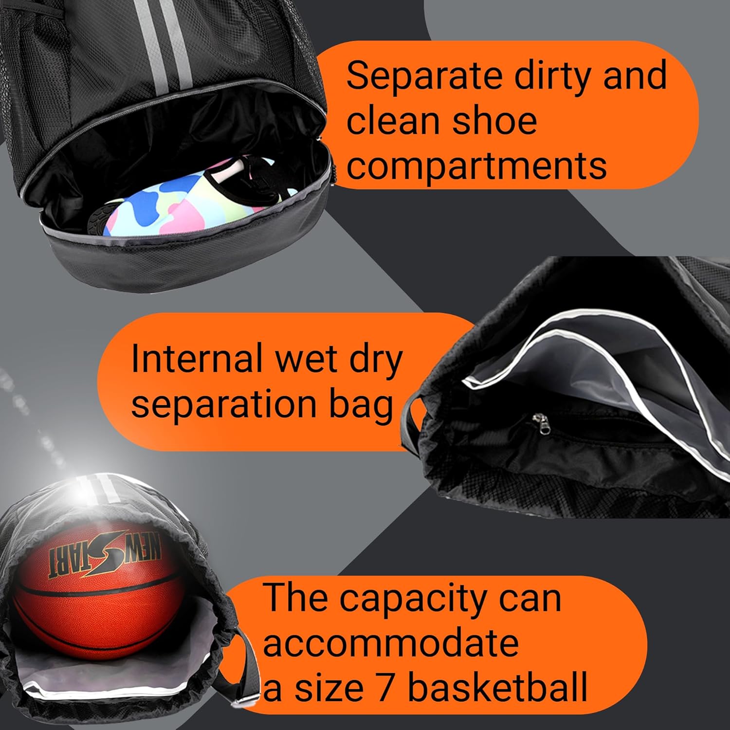 Skiennix Waterproof Drawstring Backpack - Unisex Gym Bag with Wet/Dry Separation | Black, One Size