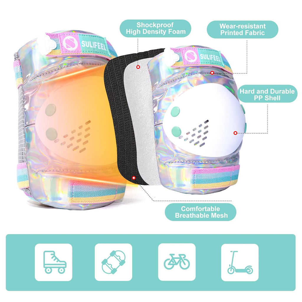 SULIFEEL Rainbow Unicorn Protective Gear Set - Adjustable Knee Pads, Elbow Pads & Wrist Guards for Kids | Shiny Small
